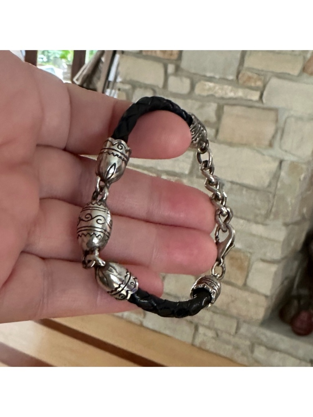 Braided Black Leather & Silver-toned Metal Barrel Beads Bracelet 7-7.5”